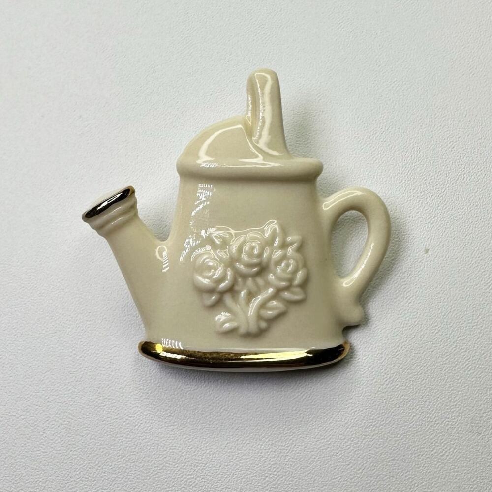 Vintage Lenox Porcelain Watering Can Brooch Floral Design Cream and Gold Tone